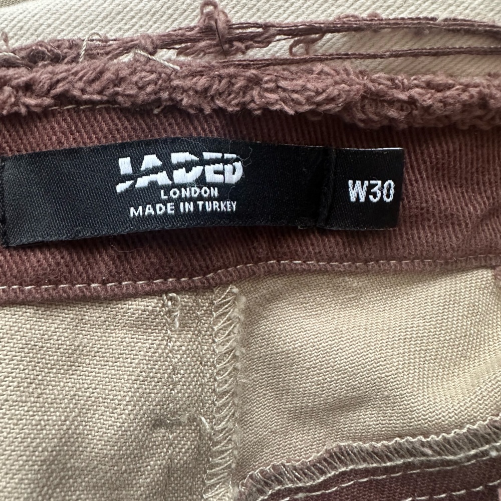 Patchwork Boyfriend Pants Brown Tan Cream Distressed Raw Edge Y2K Grunge Sz W 30 - Picture 6 of 16